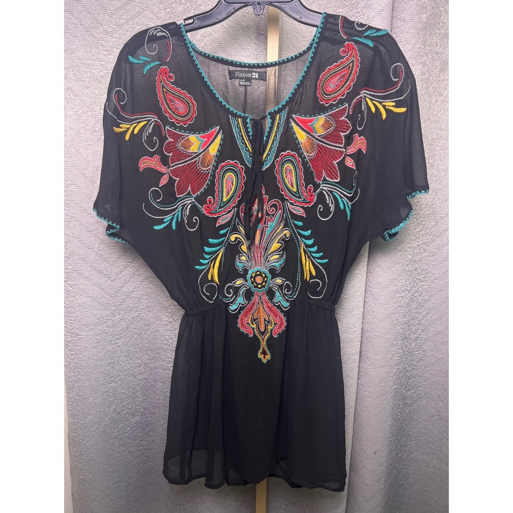 Forever 21 Sheer Boho Top Women's Sz S/P Black w/ Red Tea Embroidered Design